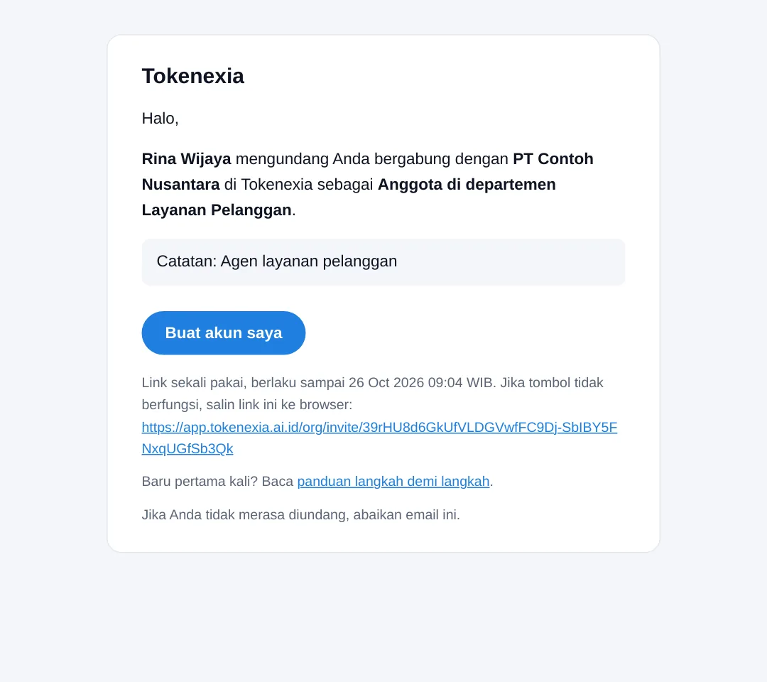 Email undangan Tokenexia dengan tombol Buat akun saya