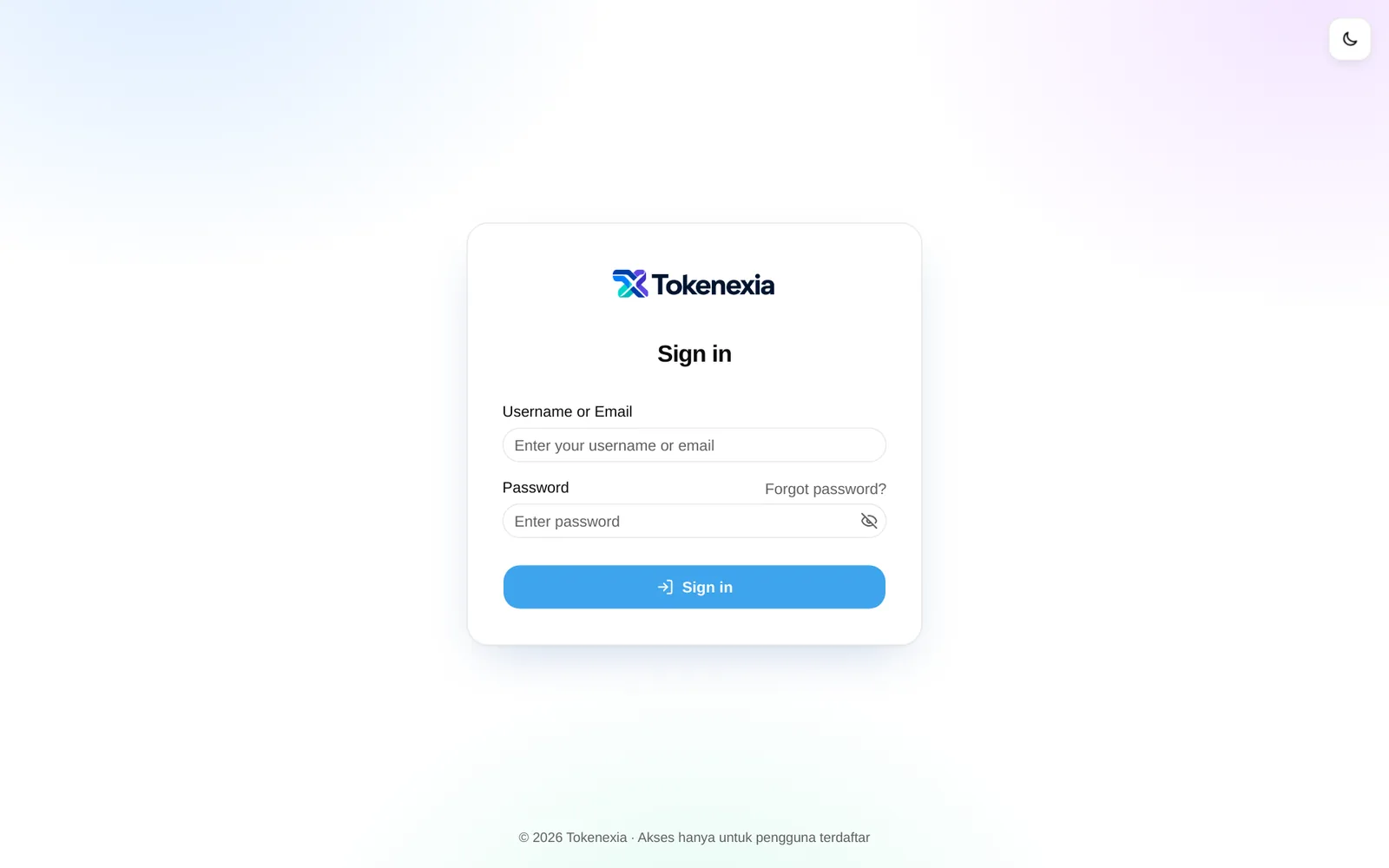 Halaman masuk Dashboard Tokenexia